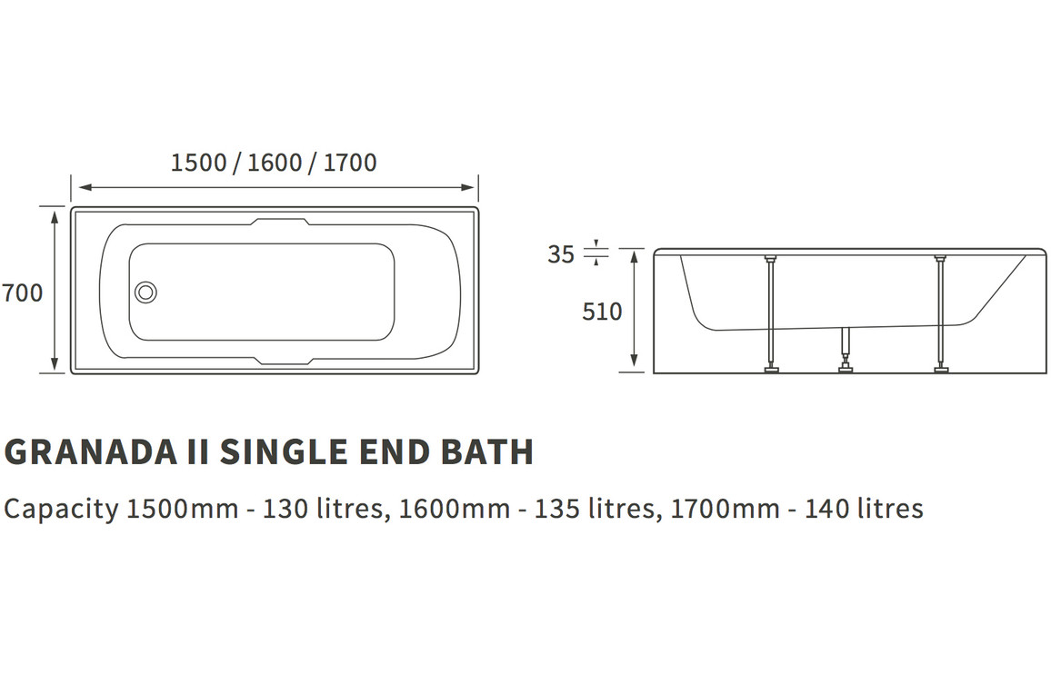 Morar Single End Twin Grip Textured Base 8mm 1700x700x510mm 2TH Bath - Image 2