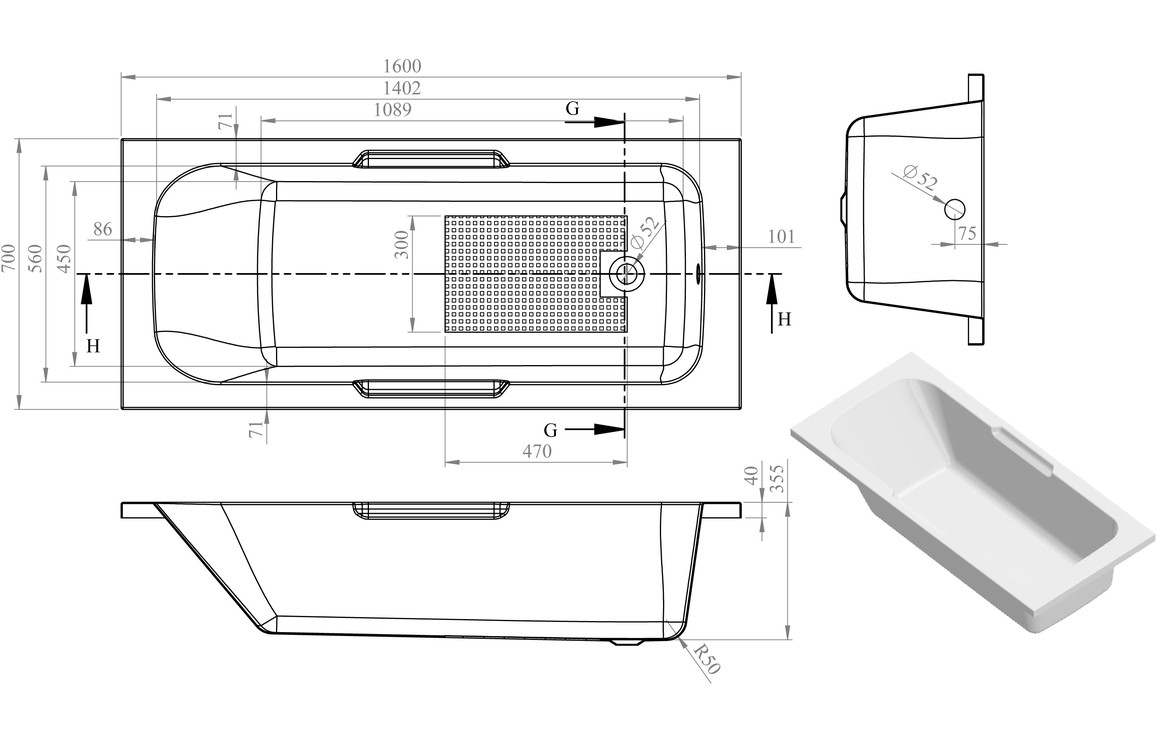 Lomond Gripped 1600x700x550mm 0TH Bath w/Legs - Image 2