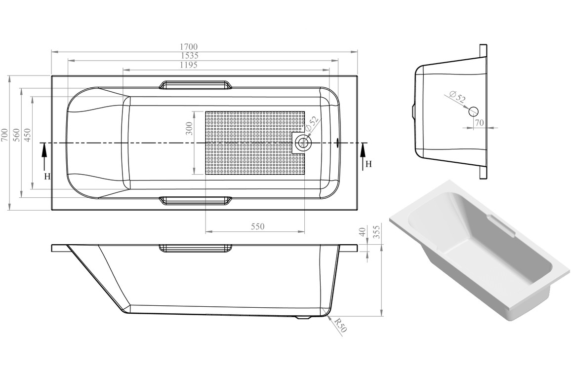 Lomond Gripped 1700x700x550mm 0TH Bath w/Legs - Image 2