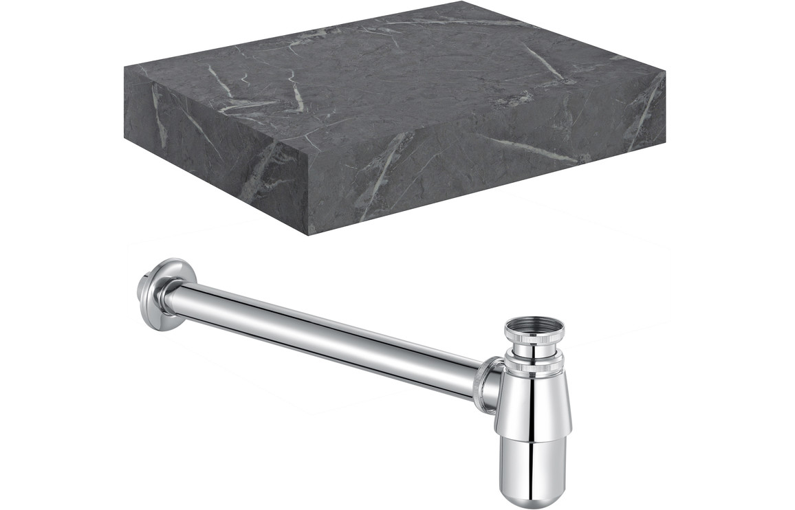 Georgia 600mm Wall Hung Grey Marble Basin Shelf & Chrome Bottle Trap