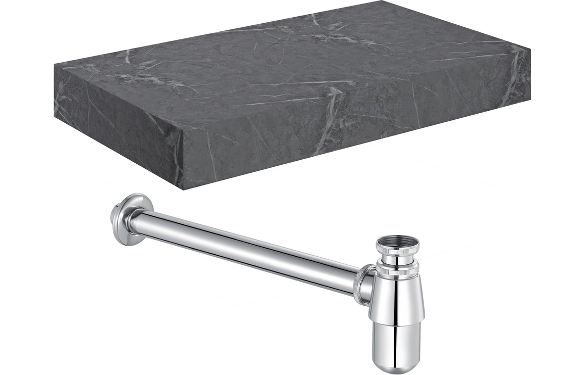 Georgia 800mm Wall Hung Grey Marble Basin Shelf & Chrome Bottle Trap