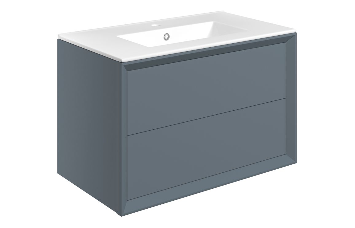 Utah 810mm Wall Hung 2 Drawer Basin Unit & 1TH Thin Edge Basin - Matt Storm Blue