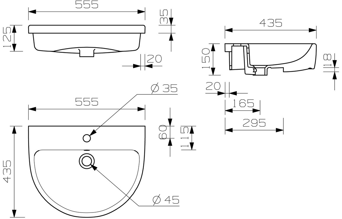 Alder 555x435mm 1TH Semi Recessed Basin - Image 3