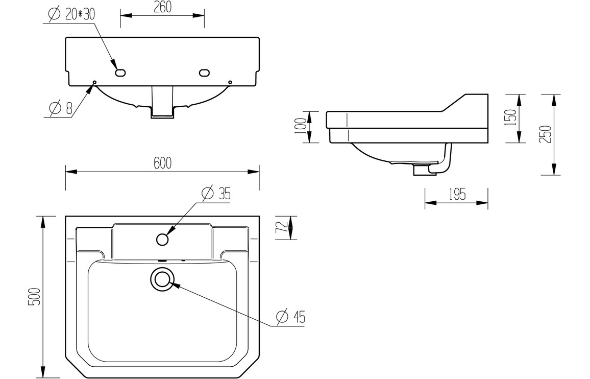 Lair 600x500mm 1TH Basin & Full Pedestal - Image 4