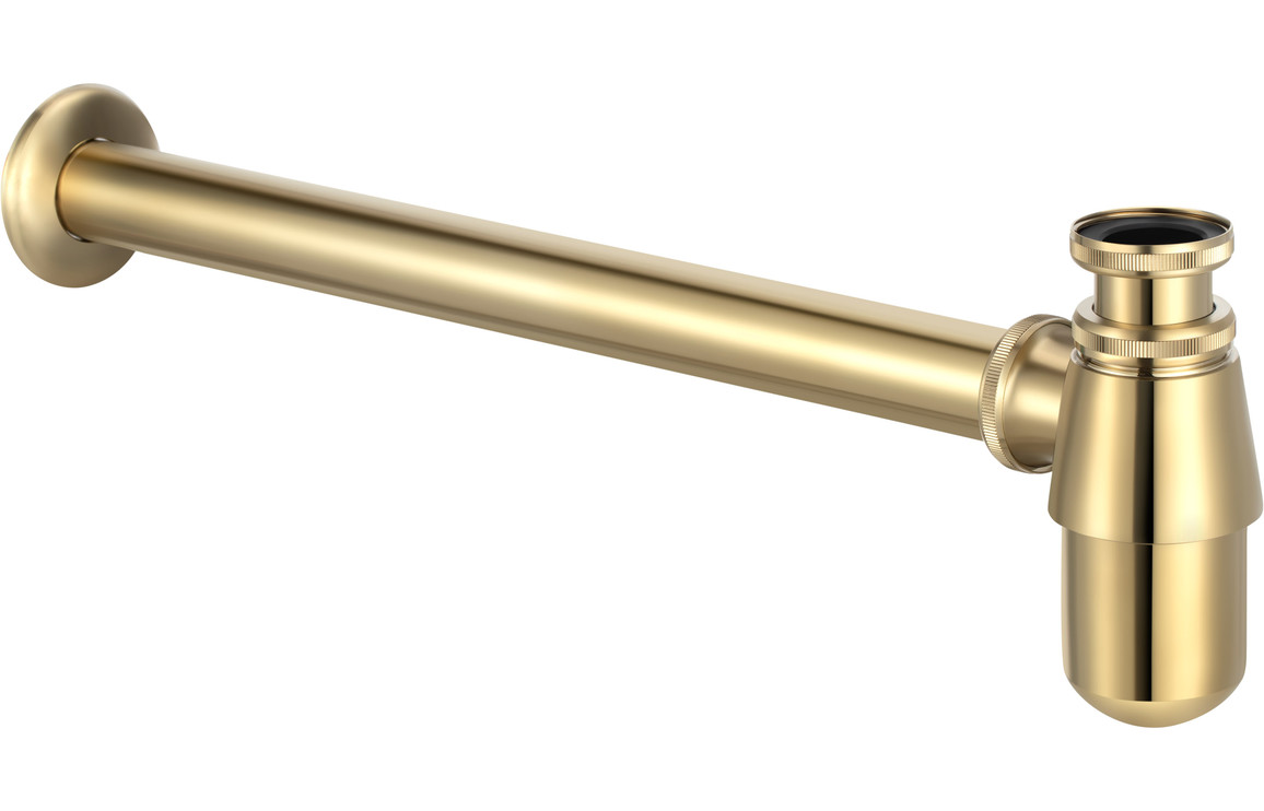 Georgia 800mm Wall Hung Grey Marble Basin Shelf & Brushed Brass Bottle Trap - Image 3