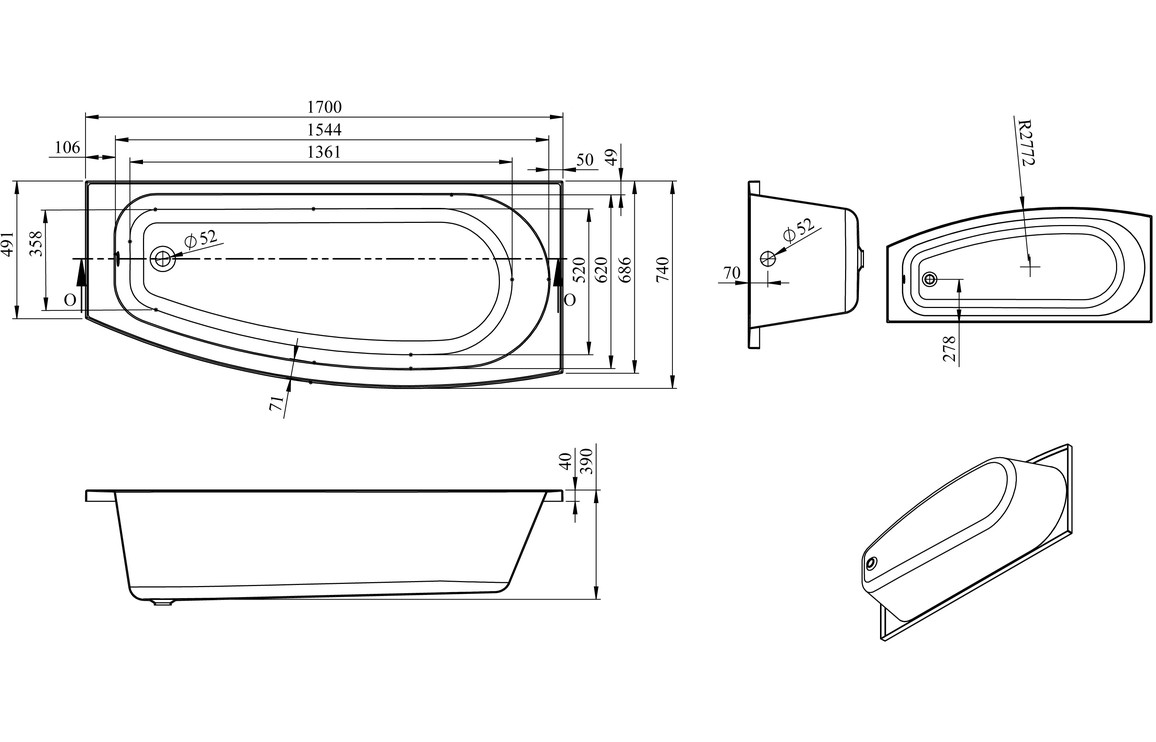 Tetra Space Saving 1700x740x560mm 0TH Bath w/Legs (RH) - Image 2