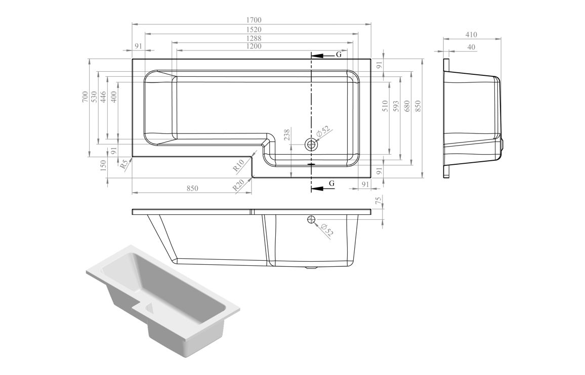 L-Shape Single End 1700x700-850x410mm 0TH Bath Only (RH) - Image 2