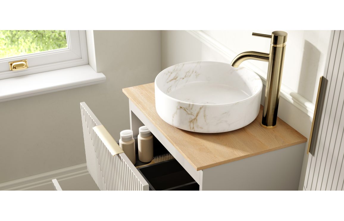 Michigan 810mm Floor Standing 2 Drawer Basin Unit & Maple Oak Effect Worktop - Matt Oat - Image 3