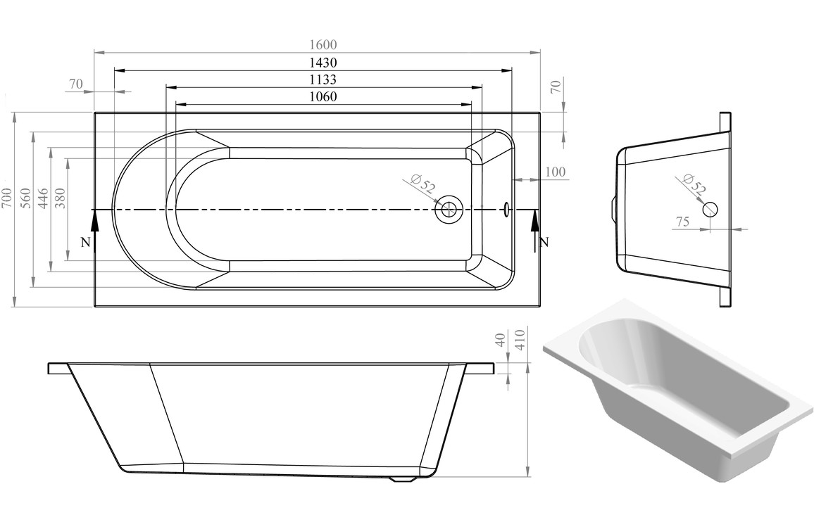 Avon Round Single End 1600x700x550mm 0TH Bath w/Legs - Image 2