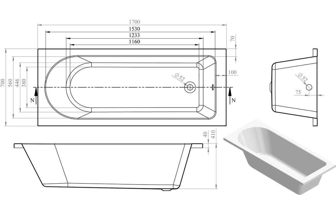 Avon Round Single End 1700x700x550mm 0TH Bath w/Legs - Image 2