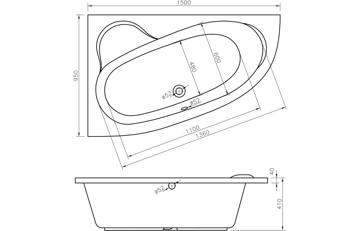 Belston 1500x950x600mm 0TH Offset Corner Bath w/Legs (LH) - Image 2