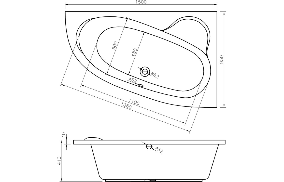 Belston 1500x950x600mm 0TH Offset Corner Bath w/Legs (RH) - Image 2
