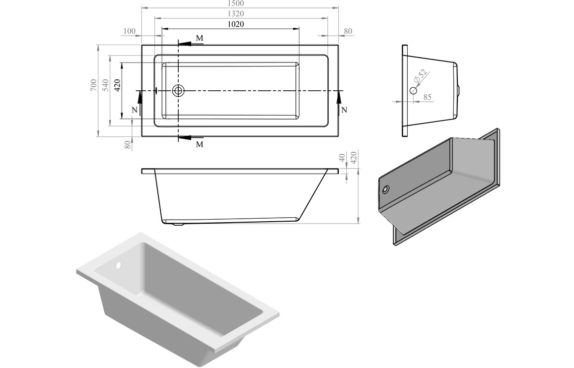 Blair Square Single End 1500x700x550mm 0TH Bath w/Legs - Image 2