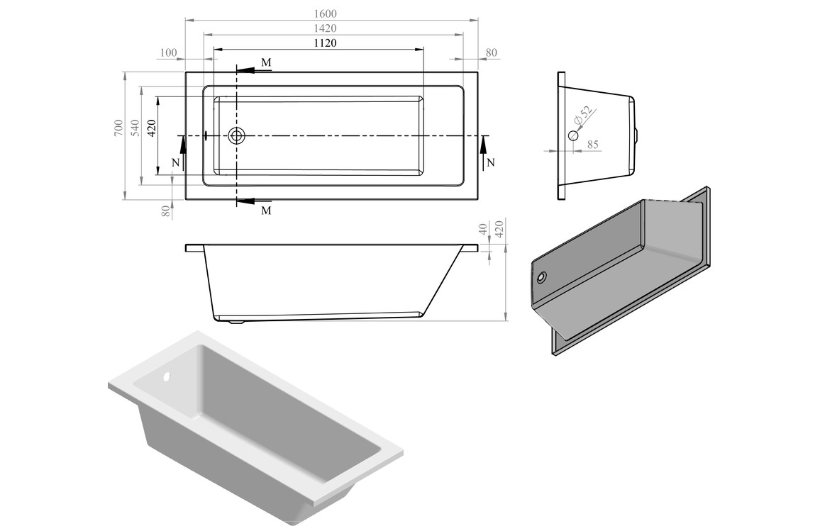 Blair Square Single End 1600x700x550mm 0TH Bath w/Legs - Image 2