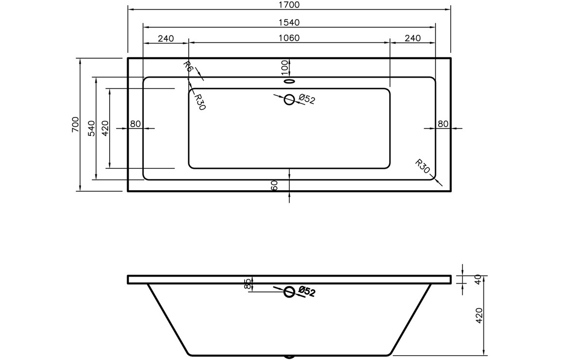 Blair Square Double End 1700x700x550mm 0TH Bath w/Legs - Image 2