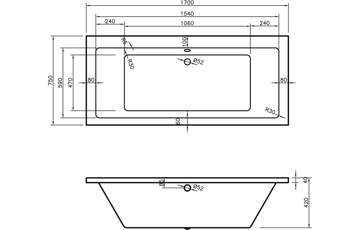 Blair Square Double End 1700x750x550mm 0TH Bath w/Legs - Image 2