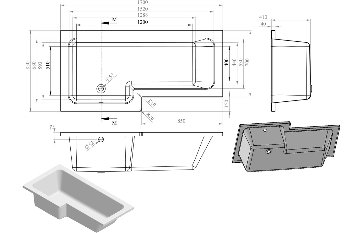 Blair L Shape 1700x850x560mm 0TH Shower Bath Pack (LH) - Chrome