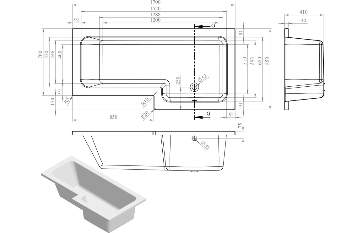 L-Shape 1700x700-850x410mm 0TH Shower Bath Panel & Screen (RH) - Image 2