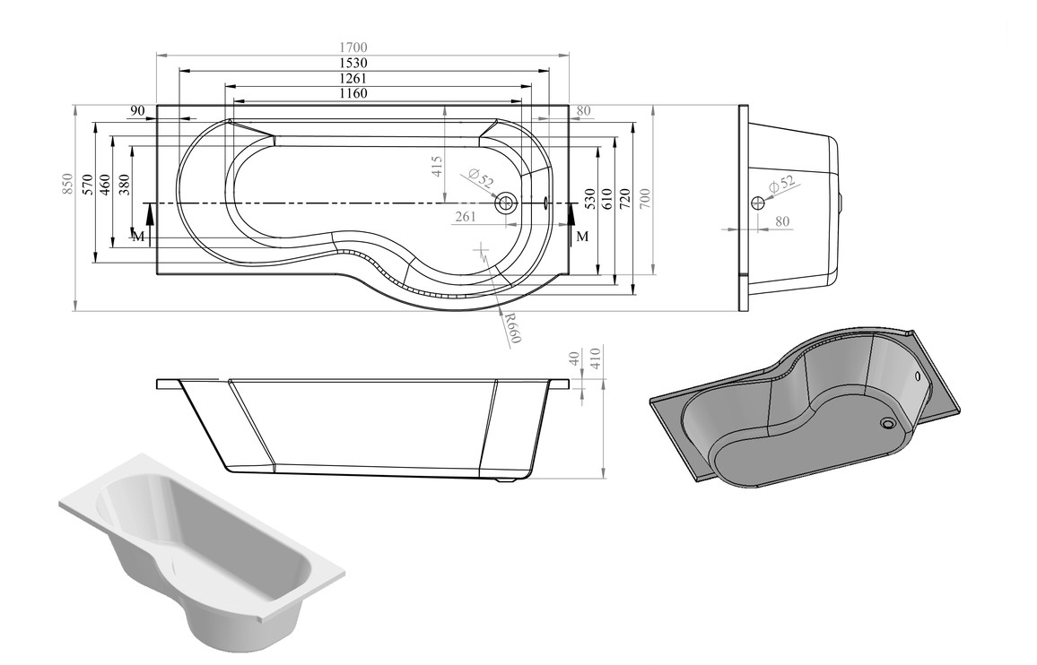 Arkaig P Shape 1700x850x560mm 0TH Shower Bath Pack (RH) - Image 2