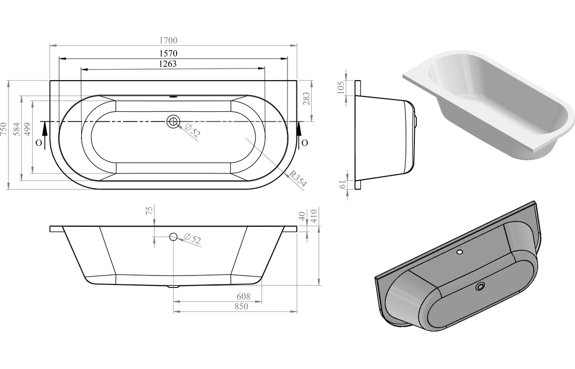 Curra Back To Wall SUPERCAST 1700x750x600mm 0TH Bath w/Legs - Image 2