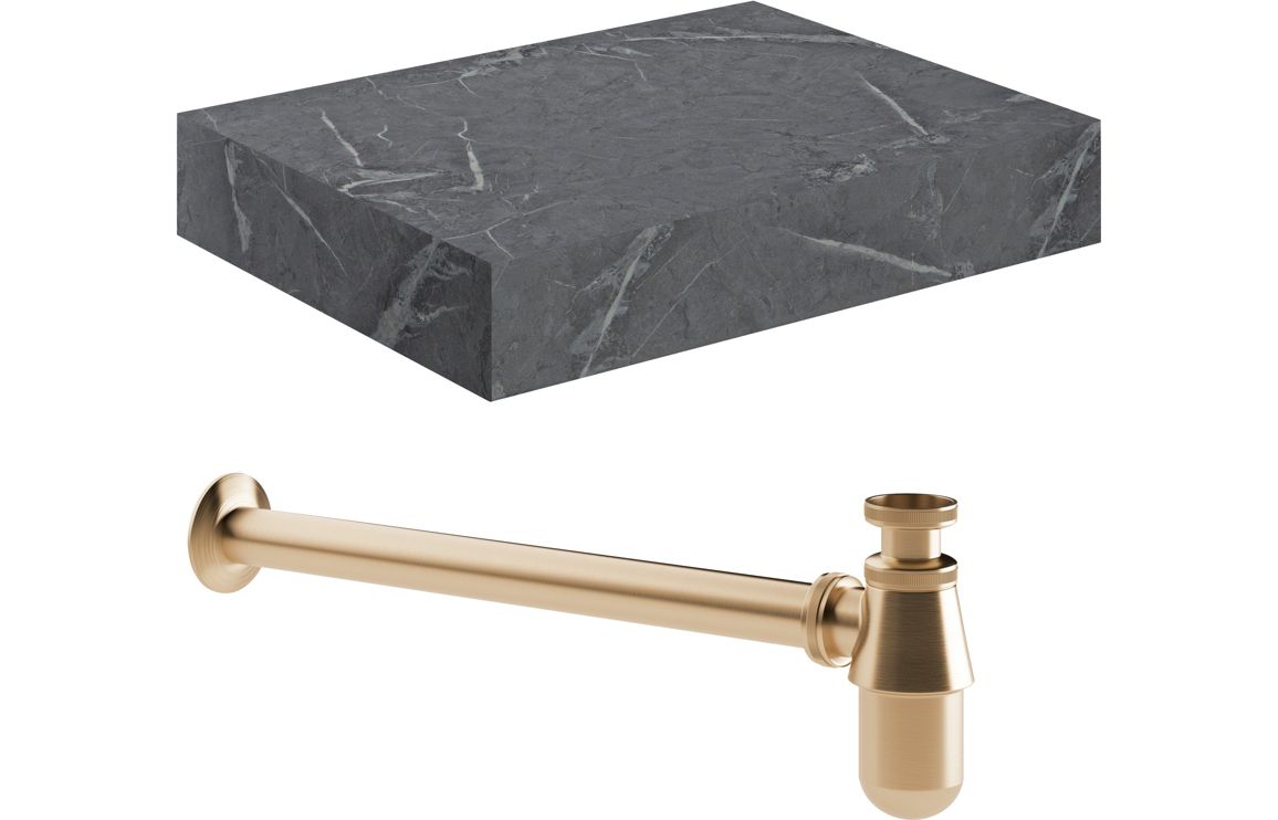 Georgia 600mm Wall Hung Grey Marble Basin Shelf & Brushed Bronze Bottle Trap