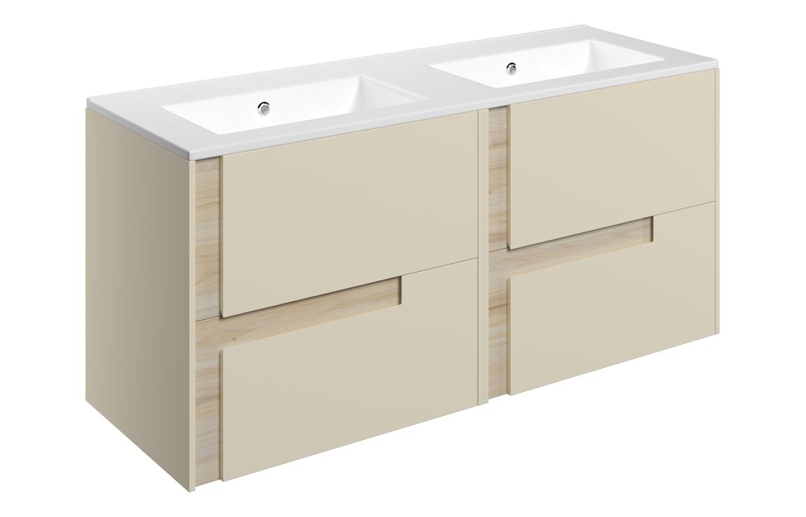 Chicago 1210mm Wall Hung 4 Drawer Basin Unit & 2TH White Basin - Matt Cotton & Oak Effect