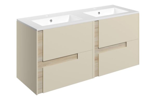 Chicago 1210mm Wall Hung 4 Drawer Basin Unit & 0TH White Thin Edge Basin - Matt Cotton & Oak Effect