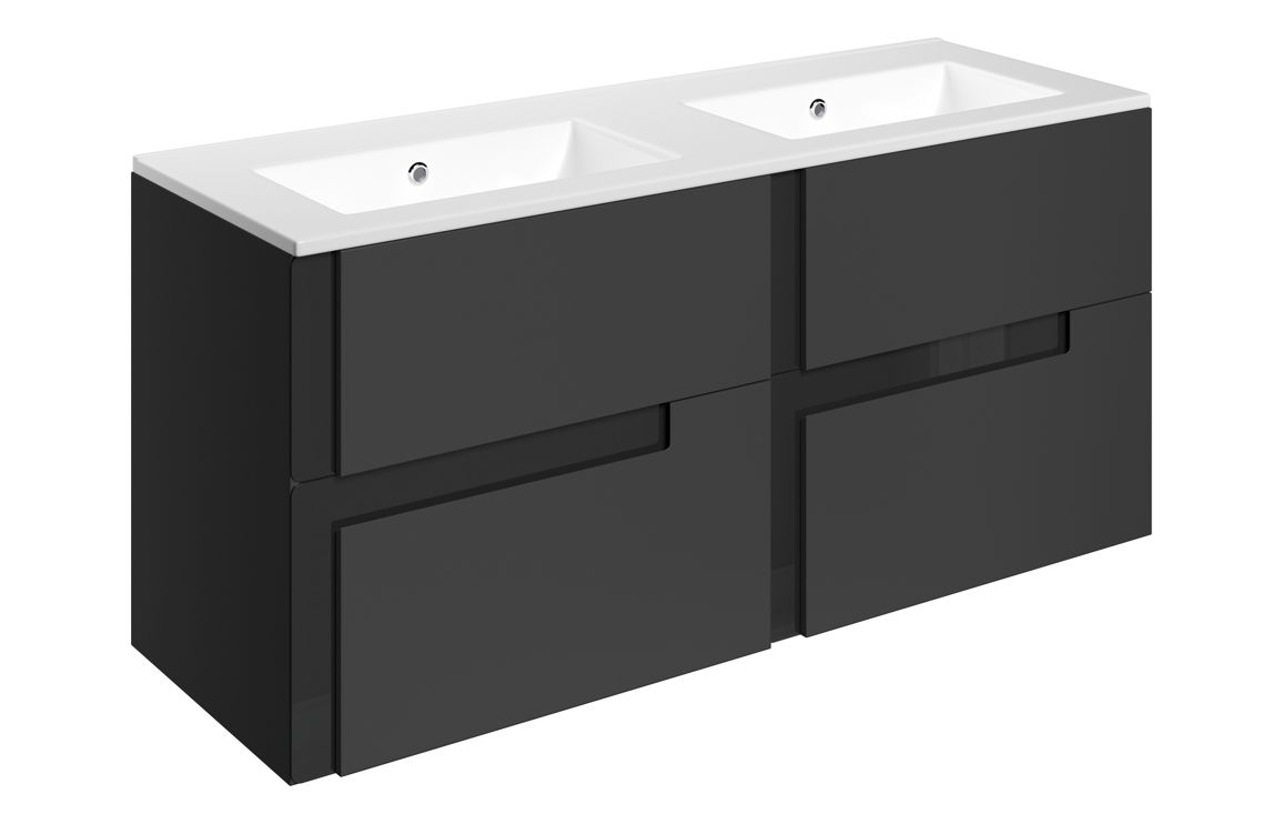 Chicago 1210mm Wall Hung 4 Drawer Basin Unit & 0TH White Thin Edge Basin - Matt Black & Glass